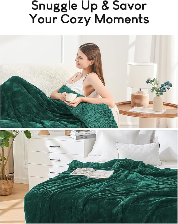 Cottonblue Weighted Blanket 20lbs for Queen Ded - Ultra Soft, Cozy Comfort Sherpa Blanket for Relax and Sleep, Heavy Bed Blankets with Cemaric Beads, 60x80 Inches,Green