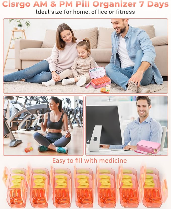 Pill Organizer 2 Times a Day (AM PM), Weekly Pill Box with PU Leather Case, Stylish Portable Medicine Organizer for Purse, Vitamins & Supplements (Pink)