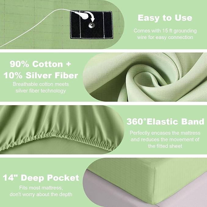 Grounding Sheets Full XL Premium Cotton for Healthy Sleep Therapy, Deep Pocket Grounding Fitted Sheets Includes Grounding Cord (Sage Green, Full XL -54"x80"x14")