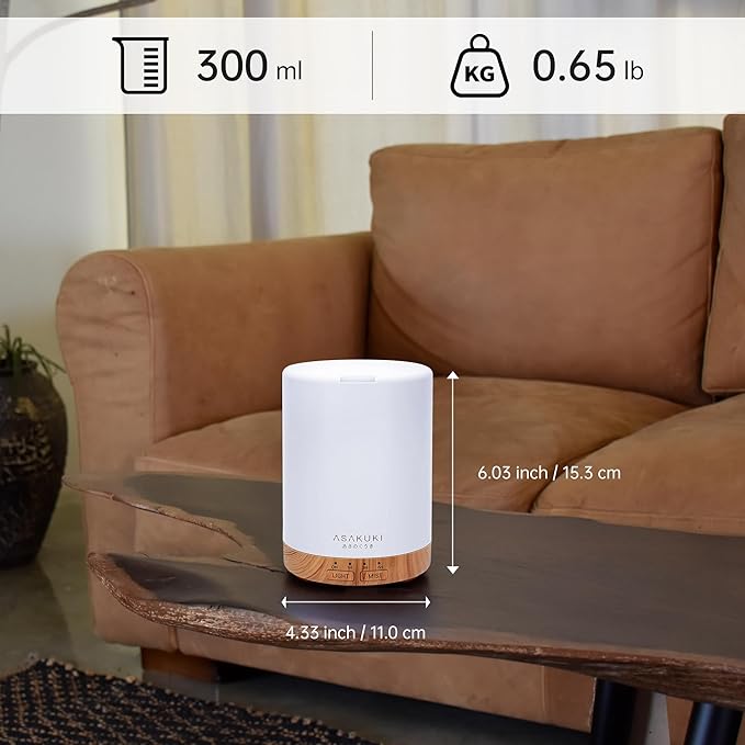 ASAKUKI Essential Oil Diffuser for Home, 300 ml Humidifier with Automatic Shut-Off, Quiet Aromatherapy Diffuser with 7 LED Lights for Living Room, Kitchen, Bedroom, Hotel - Light Brown