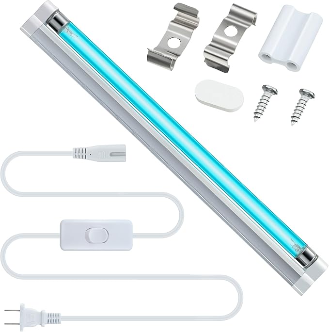 8w UV Light with Ozone, 110V UVC Double Germicidal Lamp Including ON/Off Switch Cord and Plug, 253.7nm Wavelength UVC Lamp with Connector and Screw Tools for Closet Shoe Cabinet
