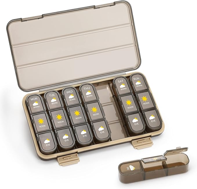 Pill Organizer 3 Times A Day, Pill Box 7 Day - Acedada Weekly Travel Medicine Organizer Box 3X A Day, Large Pill Container Holder Vitamins Case Pill Dispenser, Brown