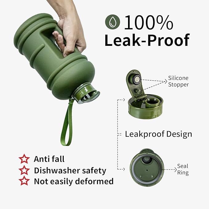 TOOFEEL 2.2 Liters Gym Big Sports Water Bottles for Men - Reusable BPA Free Plastic Clear Water Jug - Unique Water Bottles, Comfurtable to Touch and Easy to Clearn - Matte Olive Water Boottle