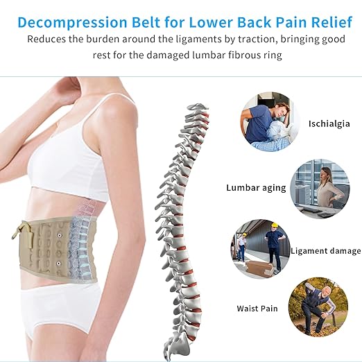 Decompression Back Belt - Lumbar Support Belt for Men & Women Lower Back Pain Relief, Back Traction Device Fits Waist Size 29-49 Inches (Beige)