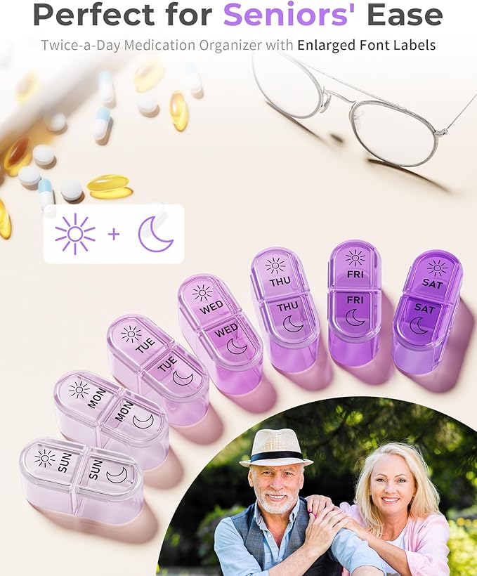 Pill Organizer, Am & Pm Pill Organizer 7 Days, Weekly Pill Case 2 Times a Day, Cute Pill Box 7 Day, Medicine Organizer for Travel, Vitamins, Fish Oils, Supplements (Gradient Pink-Purple)