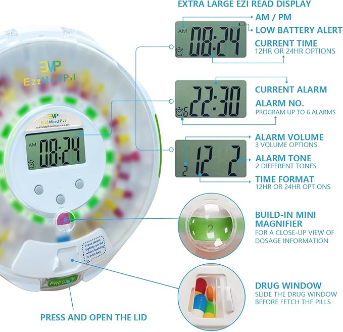 EziMedPil Automatic Pill Dispenser w/Sound & Light & Alarm, up to 6 Alarms/Day, 9 Dosage Templates, Easy-Read Display, Locked 28-Day Frosted Lid Medication Dispenser for Protecting Pills Privacy