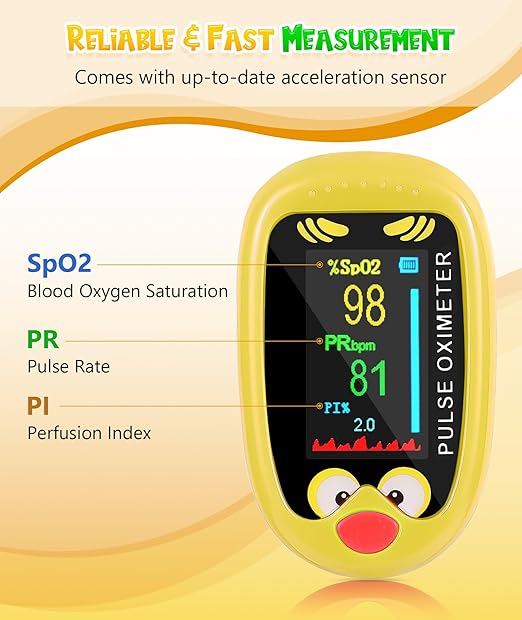 Fingertip Pluse Oximeter for Small Fingers, USB-C Rechargeable Oxygen Monitor, Cute Cartoon Design, Sports & Aviation Use, Applicable for Kids & Children (Yellow)