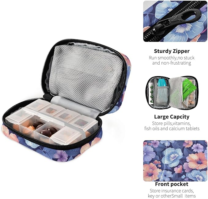 Cute Pastel Blue Flowers Travel Pill Organizer Case 7 Day Weekly Portable Pill Box Travel Vitamin Supplements Holder