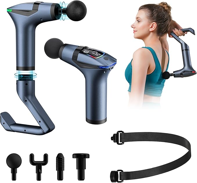 3-in-1 Massage Gun Extended Handle & Belt with 12 Speed Levels & 4 Replaceable Heads for Athletes, Gym Recovery and Seniors Back Pain