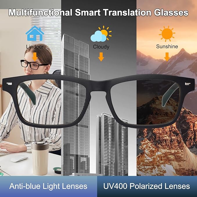 AI Smart Glasses for Men & Women with Chat GPT, AI Translation Bluetooth Glasses with 165+ Languages, Color-Change Lenses - UV & Blue Light Protection, Hands-Free Calls for Travel Meetings Business