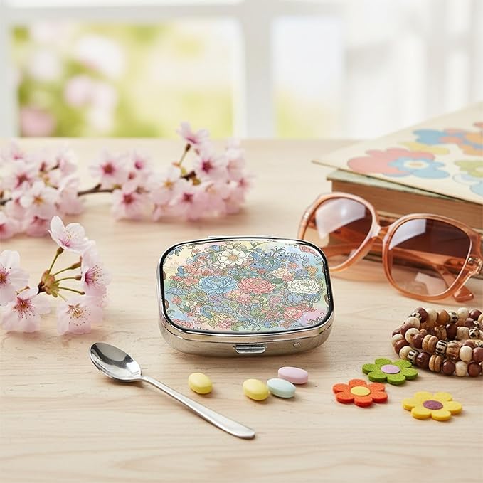 Square Pill Case Small Pill Box with Mirror Pocket 2 Compartment Vitamin Pill Medicine Case Organizer Pill Containers for Traveling Blooming Flower Two
