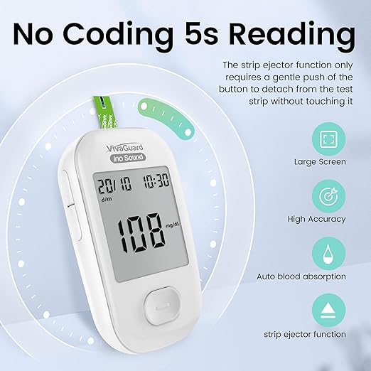 VivaGuard Talking Blood Glucose Monitor Kit,1 Glucose Meter 1 Lancing Device 100 Glucometer Strips & 100 Lancets,Blood Sugar Diabetes Testing Kit for Home use with Carrying Case Batteries,No Coding
