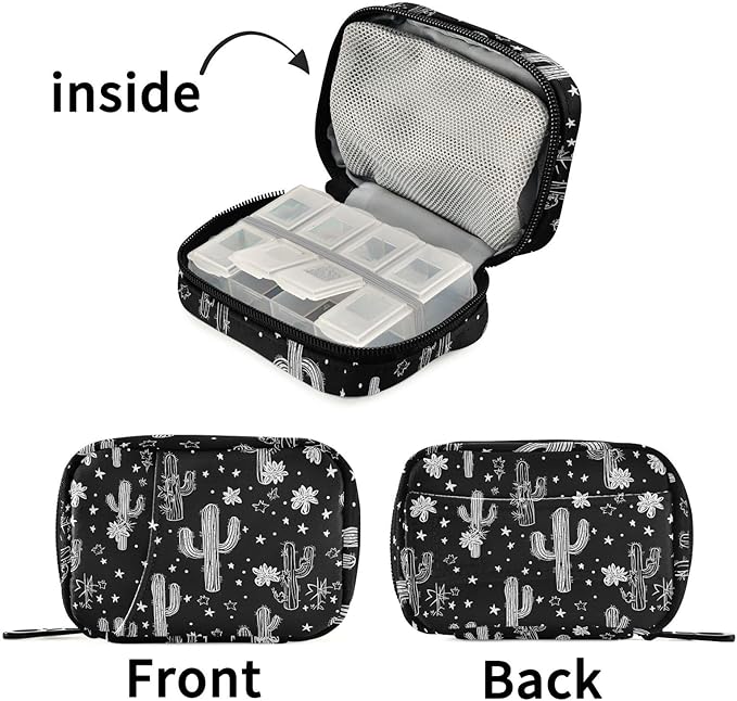 Fustylead Black and White Western Cactus Themed Pill Organizer for Purse, Weekly Portable Pill Box with Zipper to Storage Vitamins Fish Oils Medications Supplements