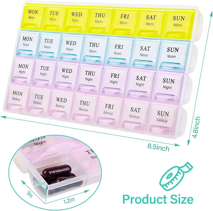 Large Weekly Pill Organizer 4 Times A Day,Pill Container, Moisture-Proof 7 Day Pill Box, Travel Pill Cases Portable for Pills Vitamin Fish Oil Supplements (2pack)