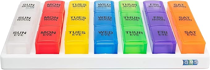 GMS 3 Times a Day Weekly Pill Reminder for Medication Vitamins and Supplements | White Tray with Removable Daily Boxes - Rainbow