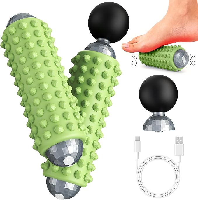 Mini Electric Massage Roller 4 Speeds Vibrating Massage Ball, 2-in-1 Portable Muscle Massager Gun & Roller for Muscle Relief, Detachable Heads, Rechargeable, For Fitness, Office, Travel (Green)
