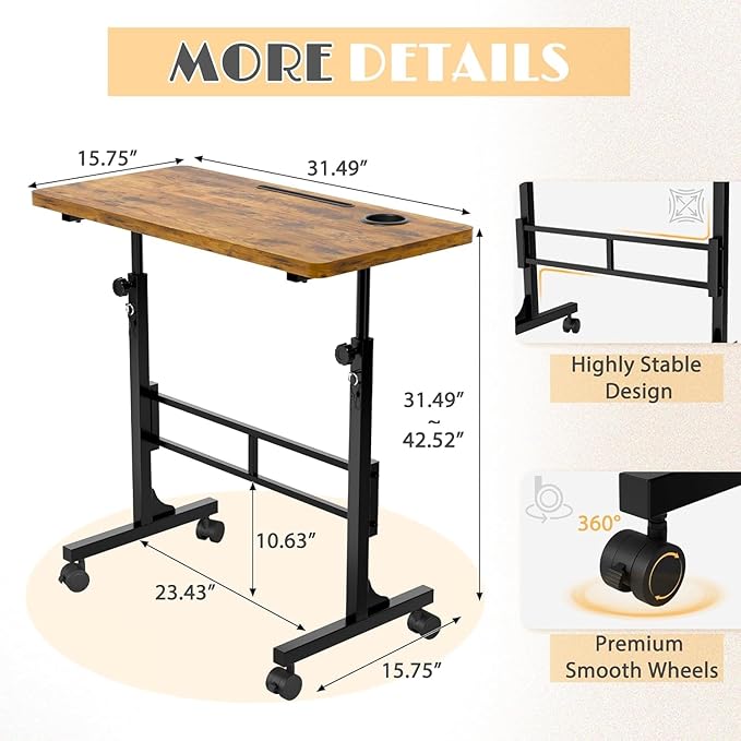 Furmax Small Portable Standing Desk Adjustable Height, Mobile Stand Laptop Computer Workstation with Lockable Wheels for Walking Pad Treadmill (Rustic)