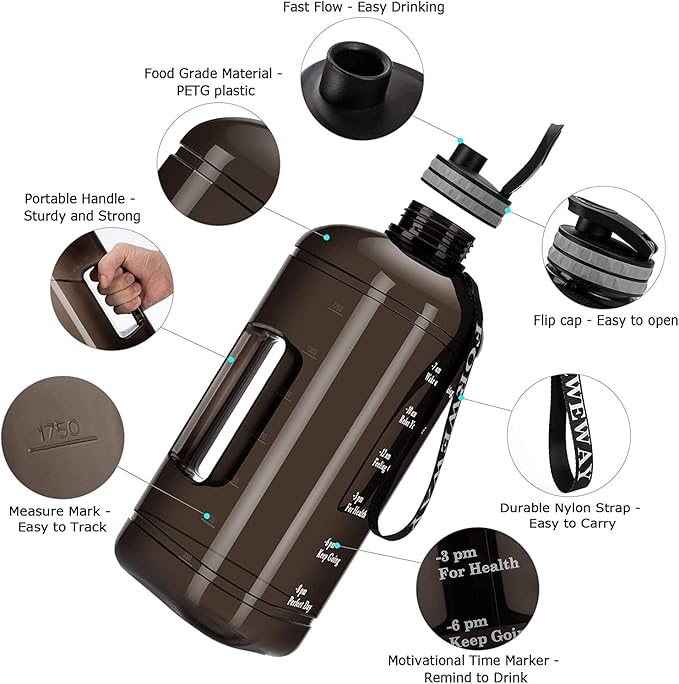 Half Gallon Water Bottle with Handle 2.2L/74OZ Large Plastic Water Bottles BPA Free Water Bottles with Strap Portable with Time Marker for Camping, Hiking and Home Activity