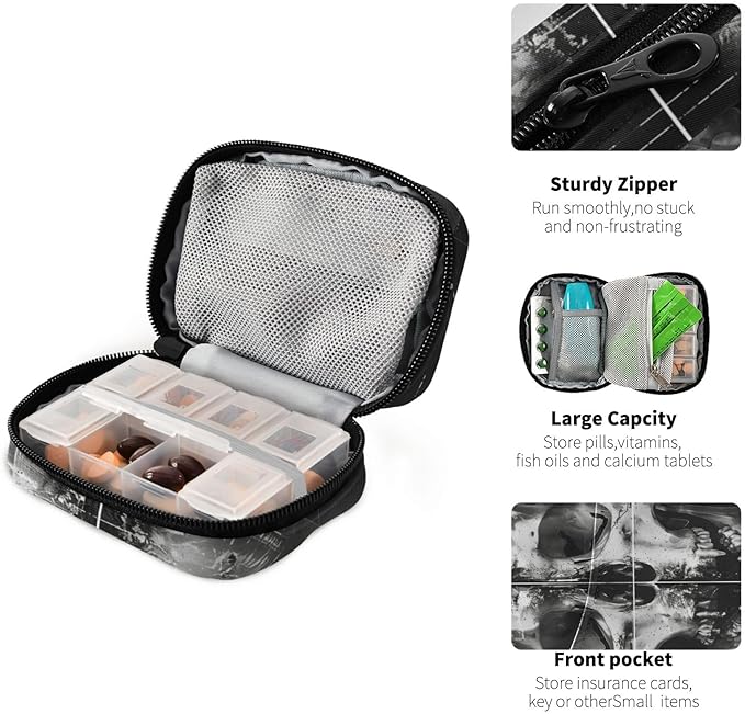 Weekly Pill Organizer Case Cool Skeleton Travel Portable Pill Bag for Medicine Vitamin Large Capacity Zipper Medicine Organizer