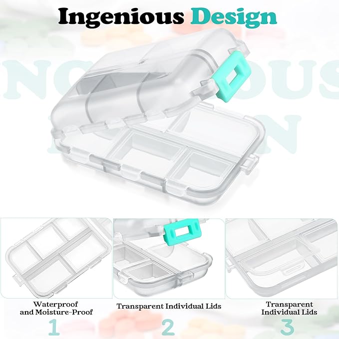 Meekoo 8 Pcs Travel Pill Organizer Pocket Portable Pill Case Daily Container Small Container Medicine Travel with 10 Compartments for Purse Fish Oil Medicine(Clear White)