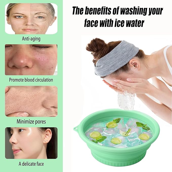 Face Ice Bath Bowl Mold With Built-In Icetray, Portable Foldable Silicone Dipping Water Facial Cold Immersion Therapy Plunge Bowl for Face Ice Bath Holder for Home And Travel (Green)
