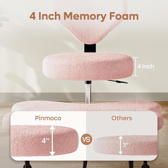 Ergonomic Cross Legged Chair, 360° Swivel Meditation Chair with Wheels, Height Adjustable Seat for ADHD, Strong Lumbar Support, Chic Home Office Furniture, Teddy Fabric, Pink