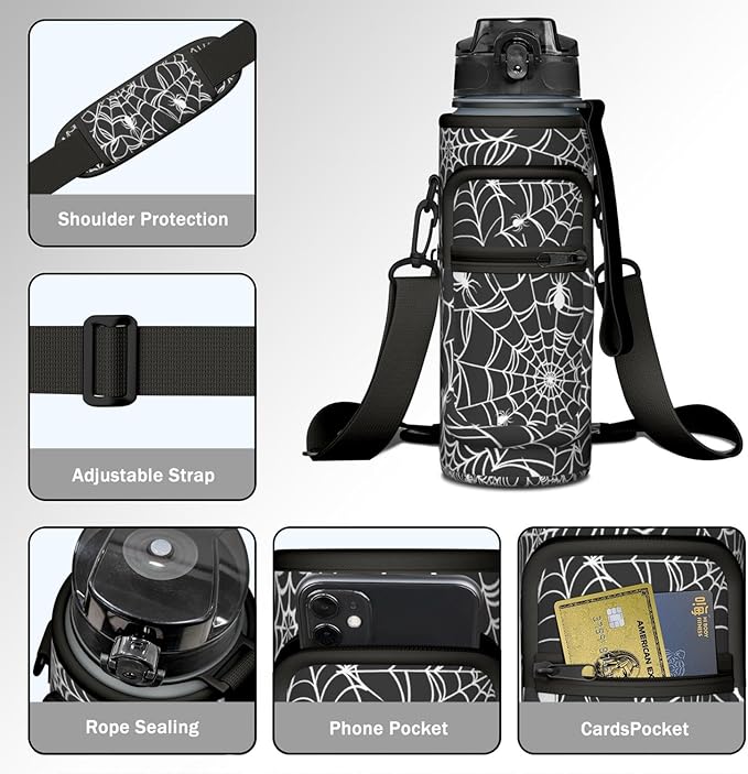 Halloween Half Gallon Water Bottle with Sleeve - Flip Top Bpa Free 32 OZ - Motivational Time Marker Leakproof Water Jug - Gothic Witchy Gifts for Women - Spider Web for Gifts