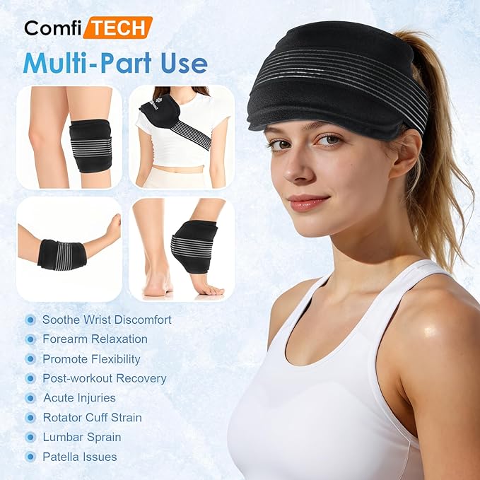 ComfiTECH Triple-Gel Soft Ice Packs for Injuries Reusable with Extended 30-Min Cooling, Flexible Ice Wraps with Adjustable Strap for Joint, Muscle Recovery on Knee, Back, Shoulder, Arm, Neck, 12"×6"