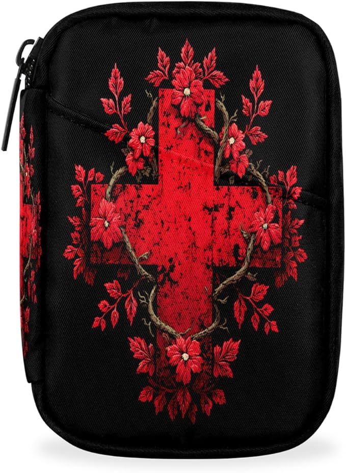 Jesus Red Flower Pill Case Everyday Travel, 7 Day Weekly Medicine Pill Box Compact Portable Pills Bottle Organizer with Zipper for Daily Vitamin Medicine Holder Bottle Organizers Bag