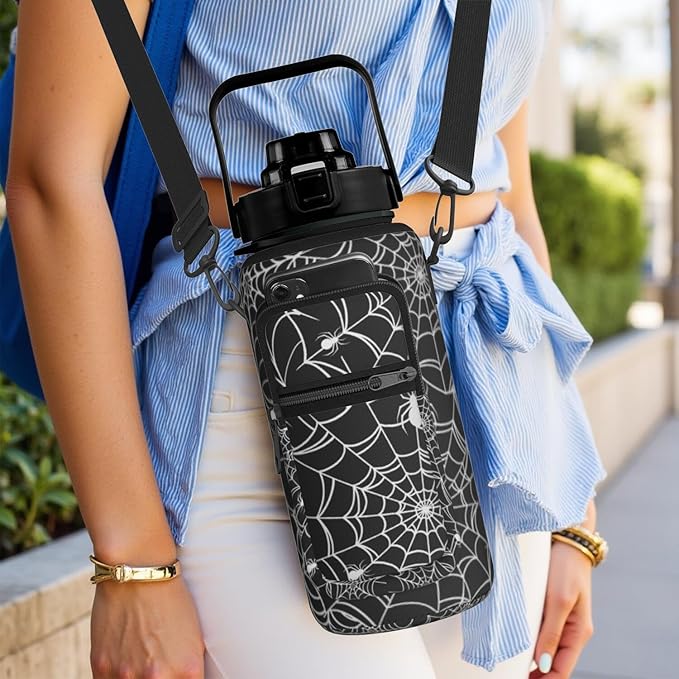 Halloween Half Gallon Water Bottle with Sleeve - Flip Top Bpa Free 64 OZ - Motivational Time Marker Leakproof Water Jug - Gothic Witchy Gifts for Women - Spider Web for Gifts