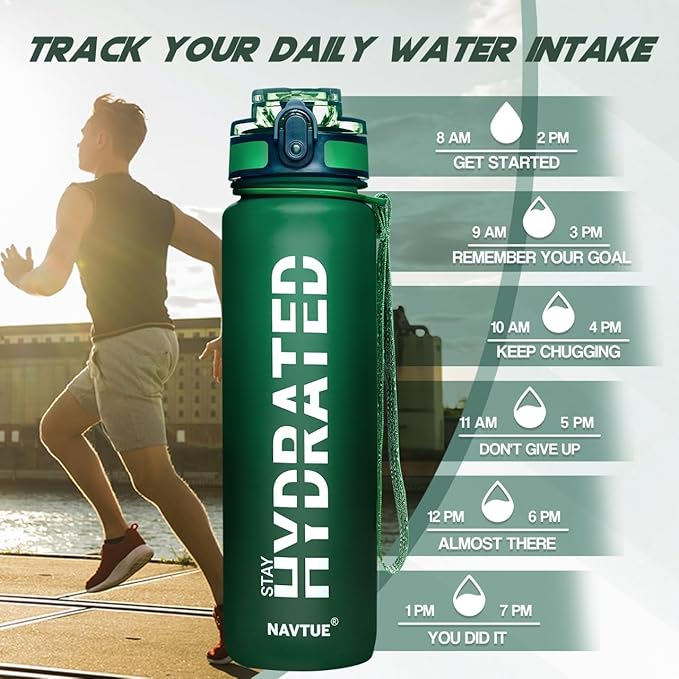 Water Bottle, 32oz Sports Water Bottles with Time Marker Wide Mouth, Motivational and Leakproof Drink Bottle, BPA Free Tritan with Carry Strap for Gym Fitness Outdoor (1 Bottle)