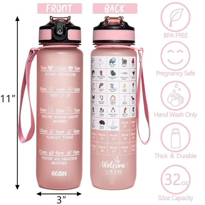 Pregnancy Water Bottle Tracker(Black), 1st Trimester Must Haves Gift for First Time Moms, with 2 Different Weekly Stickers, Early Essentials Gifts for Pregnant Women, Maternity, BPA Free