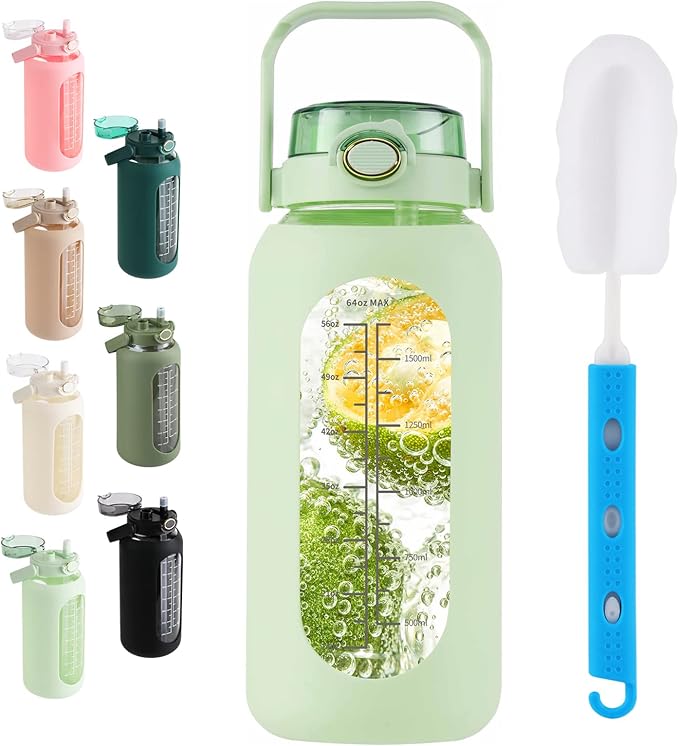 Glass Water Bottle with Straw and Handle Lid Half Gallon Motivational Glass Bottle with Silicone Sleeve and Time Marker Large Reusable Sports Water Jug for Gym Home Workout