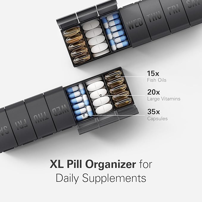 Large Pill Organizer 2 Pack, Easy-Open Weekly Pill Organizer, XL Daily Pill Organizers, 7 Day Medicine Pill Organziers, Medicine Box 7 Day for Large Vitamin Supplements (Double Black)