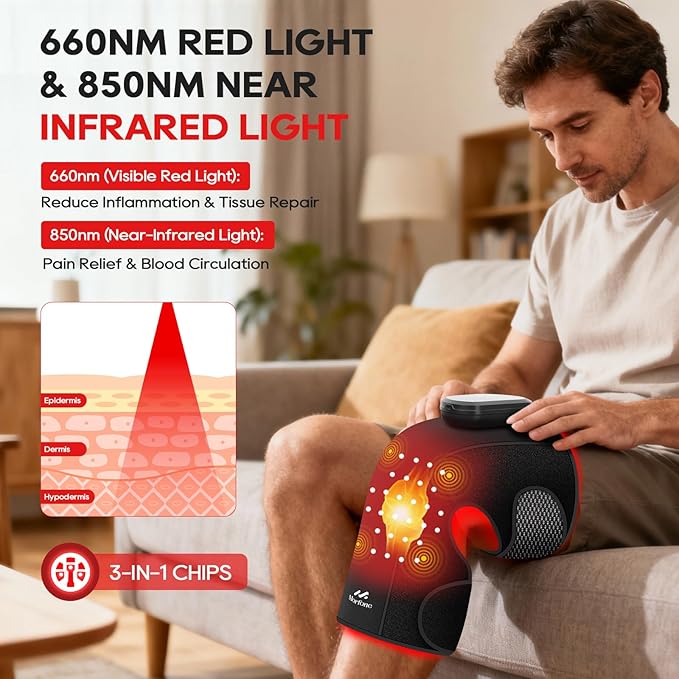 Morfone Red Light Therapy Device for Knee,3 Vibration Modes and 4 Heating Levels,5000mAh Wireless Rechargeable, 660nm and 850nm Infrared Red Light Therapy for Knee,Gifts for Women Men