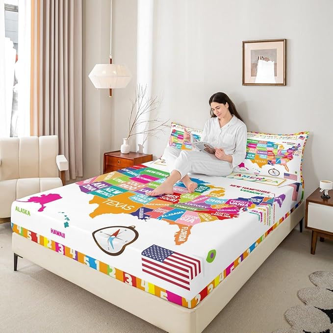 USA Map Fitted Sheet Full, Geography USA Map Bed Sheet Set for Boys Girls Educational Bedding Set Learning Time Bed Cover 3Pcs (No TOP Sheet)