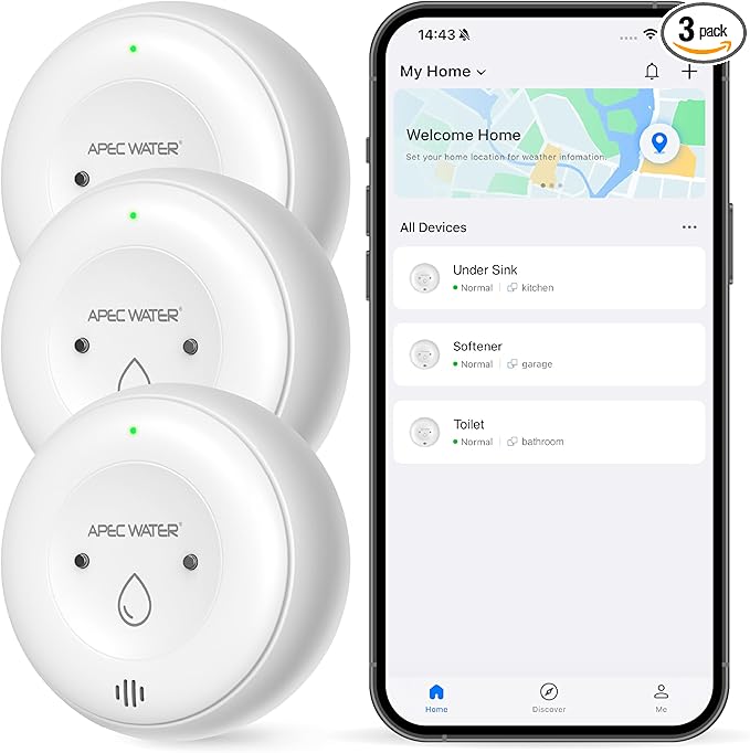 APEC WATER WiFi Water Leak Detector for Home, App Connected get Real-Time Alerts, Highly Reliable Dual Sensor Wet Moisture Detection (3PK)