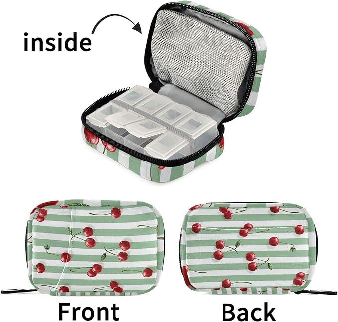 Vertical Green and White Striped Cherries Travel Pill Organizer Case Box Container Weekly Portable Vitamin Medicine Holder Storage Bag with Zipper Removable