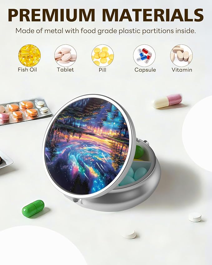 LRITER Pill Case, Portable Travel Pill Box, Pillbox Organizer, Cute Small Medicine Storage Container, Purse Accessories for Women, Men (Aurora Tree)