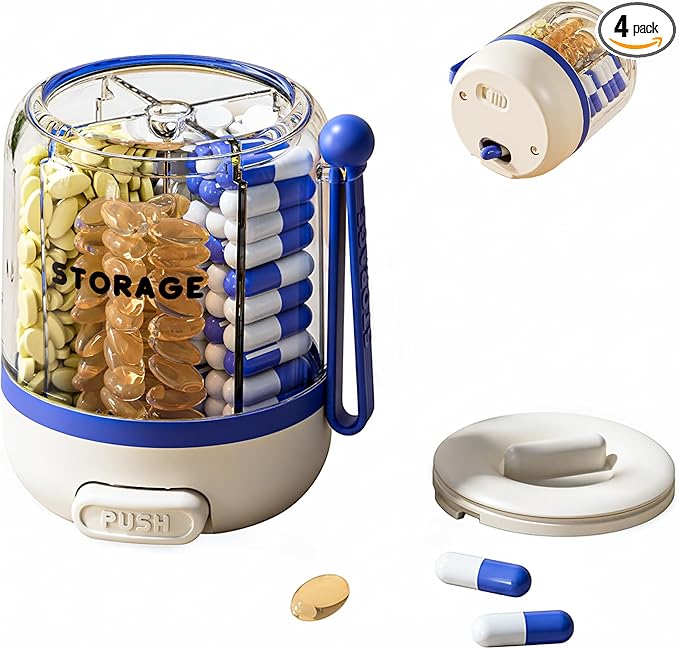Pill Bottle Organizer Small Press-Type Daily Pill Case Box for Travel 4 Large Anti-Mix Compartments, BPA-Free Pill Container, Detachable Silicone Handle Blue