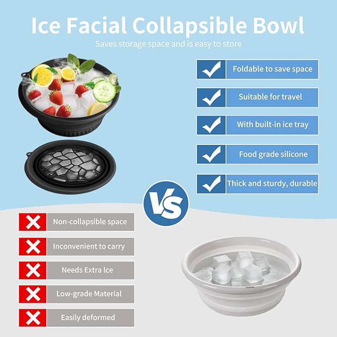 Face Tub for Ice Bath with Built-in Ice Tray – Collapsible Silicone Facial Ice Bath Bowl for Cold Plunge Therapy, Skin Tightening & Acne Relief – Portable Spa Tool for Home & Travel (Black)
