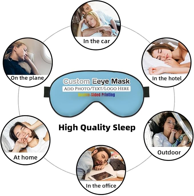 Custom Eye Mask for Sleeping Personalized Your Photo Text Logo Adjustable Strap Sleep Mask Customized Soft Blindfold Eyemask Blackout Eye Cover for Men Women Home Travel Offices Sky Blue