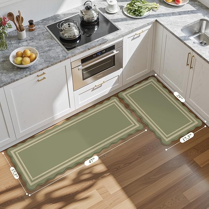 KIMODE Anti Fatigue Mats for Kitchen Floor 17"x47"+17"x29", Farmhouse Kitchen Rugs Sets of 2, Cushioned Kitchen Floor Mat Non Skid, Memory Foam Kitchen Mat for Laundry Office Sink Desk Olive Green