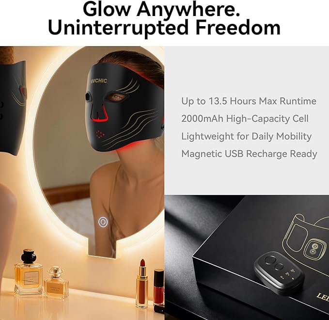 Red Light Therapy for Face – 4 Wavelengths Red Light Mask(660nm Red, 850nm NIR, Blue, Yellow), 84 LEDs, Wireless 2000mAh Charging, Multiple Light Modes – Anti-Aging & Brightening(Black)