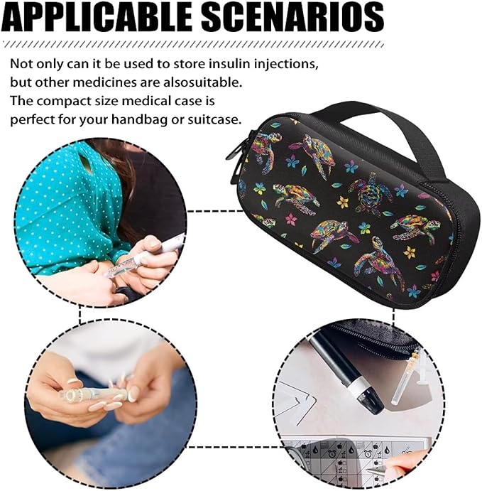 Sea Turtle Flowers Insulin Cooler Travel Case Medicine Organizer Diabetic Medication Bag for Insulin Pens and Other Diabetes Supplies with Handle, Insulation Liner