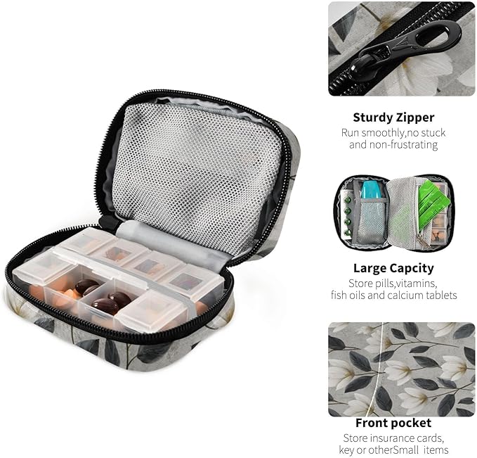 Light Gray Tulips Travel Pill Organizer Case Box Container Weekly Portable Vitamin Medicine Holder Storage Bag with Zipper Removable