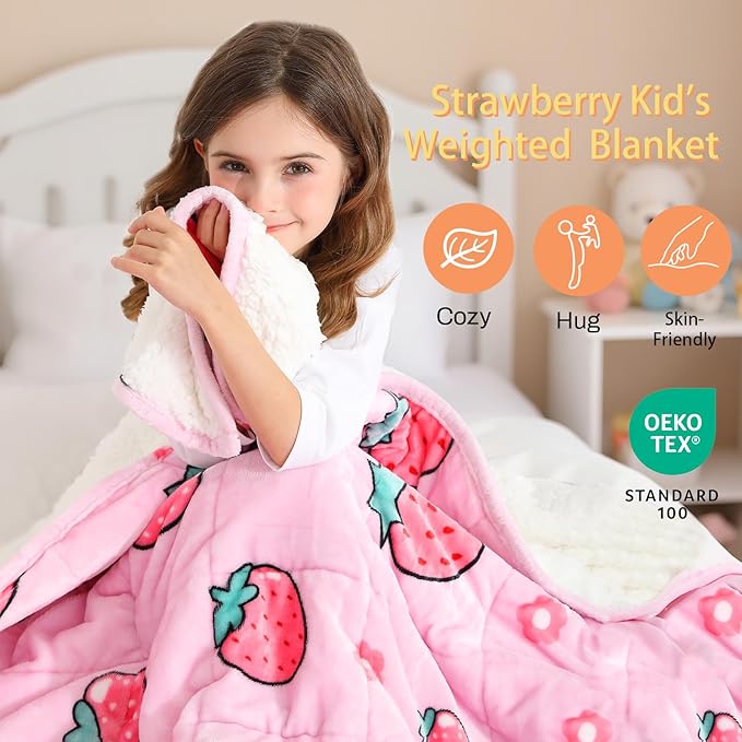Aemicion Weighted Blanket 10 pounds Twin Size 48"x 72",Soft Sherpa Fleece Heavy Blanket for Sleeping Perfect for 80-110lbs, Cute Strawberry Pink Weighted Blanket for Bed or Couch