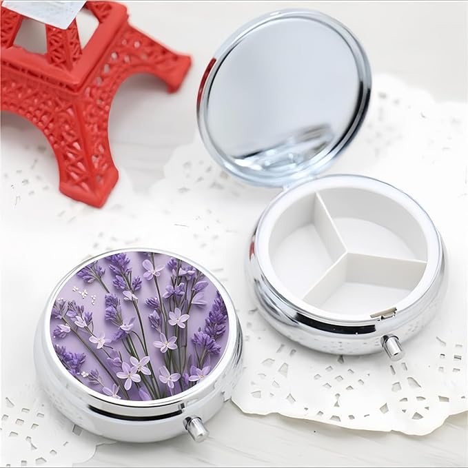 Pill Box 3 Compartment Pocket Small Pill Organizer Mini Metal Pill Holder Travel Portable for Woman Old People and Kids - Purple Lavender Flower