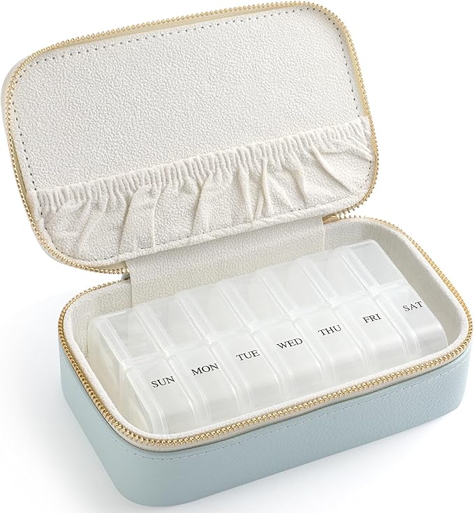 Genuine Leather Travel Pill Organizer Box Case 2 Times a Day for Purse for Women, Cute Medicine Pill Holder Containers for Vitamin Medium Weekly Daily 7 Day Am Pm Pill Organizer(Blue)