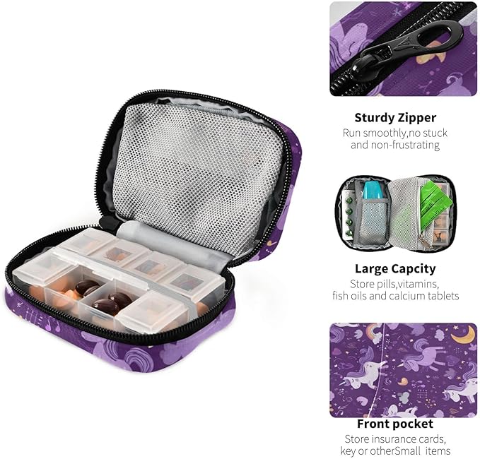 Dark Purple Unicorn Rainbow Travel Pill Organizer Case Box Container Weekly Portable Vitamin Medicine Holder Storage Bag with Zipper Removable